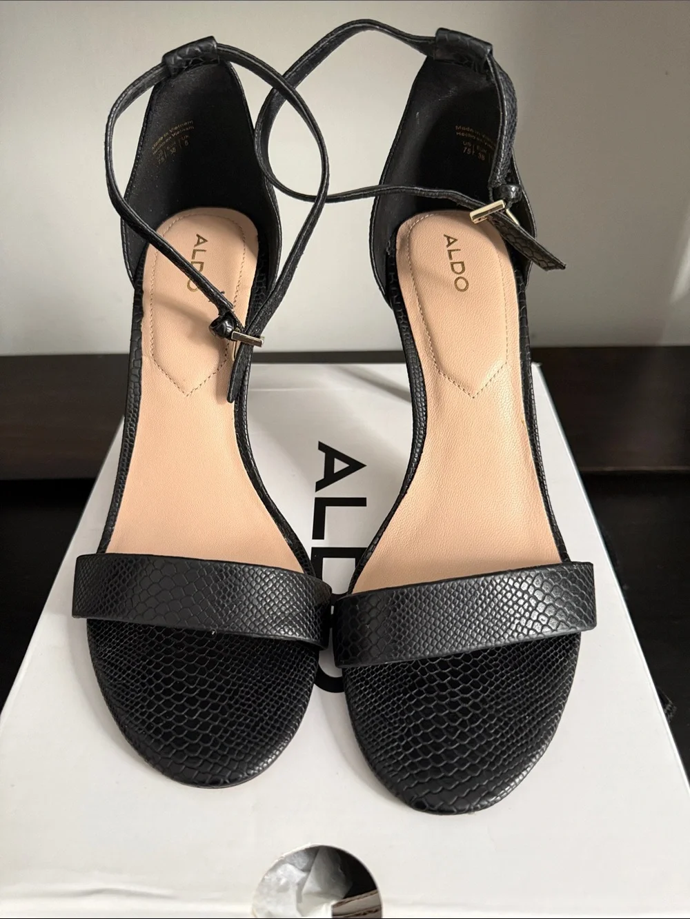 Aldo Black Textured Ankle-Strap Heels